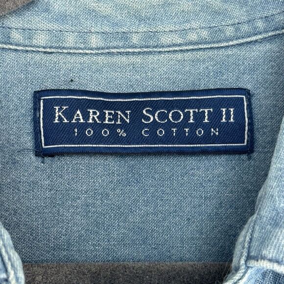 Karen Scott Shirt Womens Denim Christmas Embroidered Santa Button Up Plus Sz 1X - Picture 3 of 16